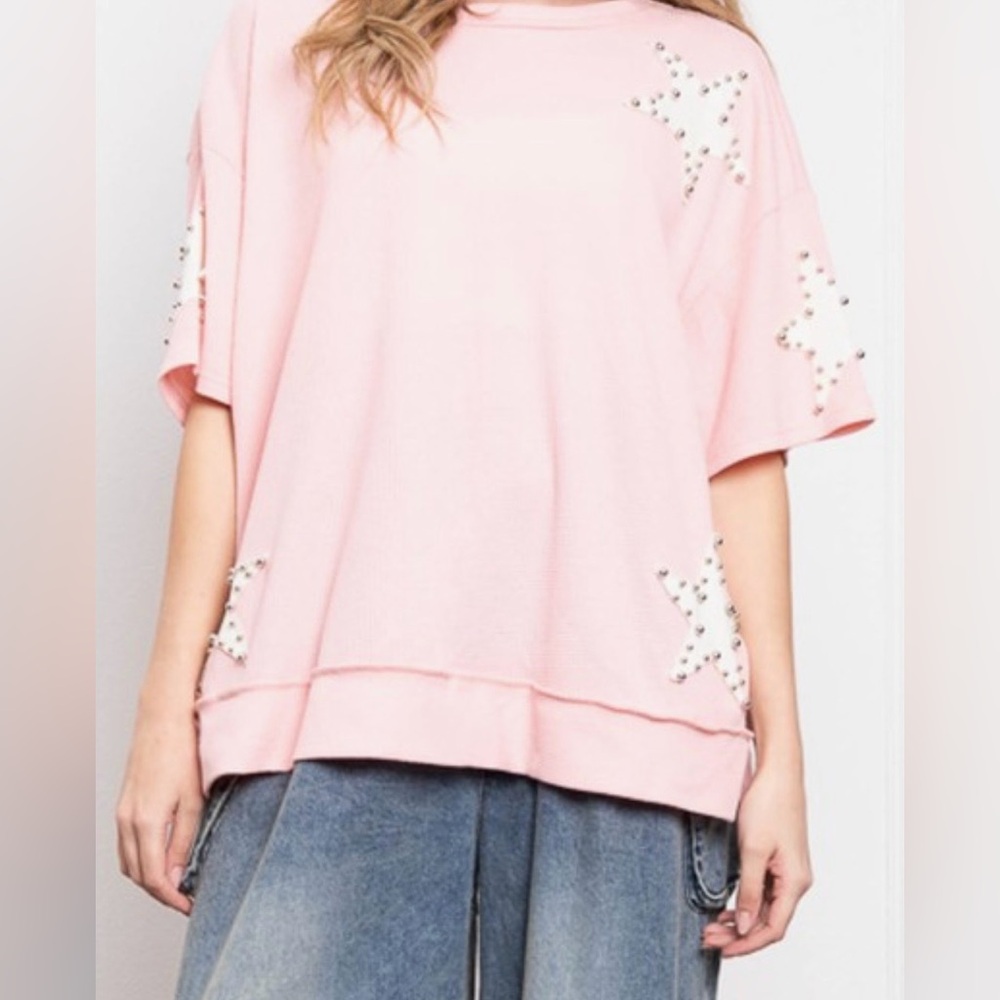 Relaxed Pink Studded Star Short-Sleeve Pullover